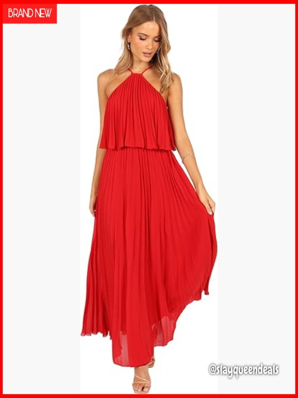 Pleated Halterneck Maxi Dress, Loose Fit, Polyester, Special Occasion